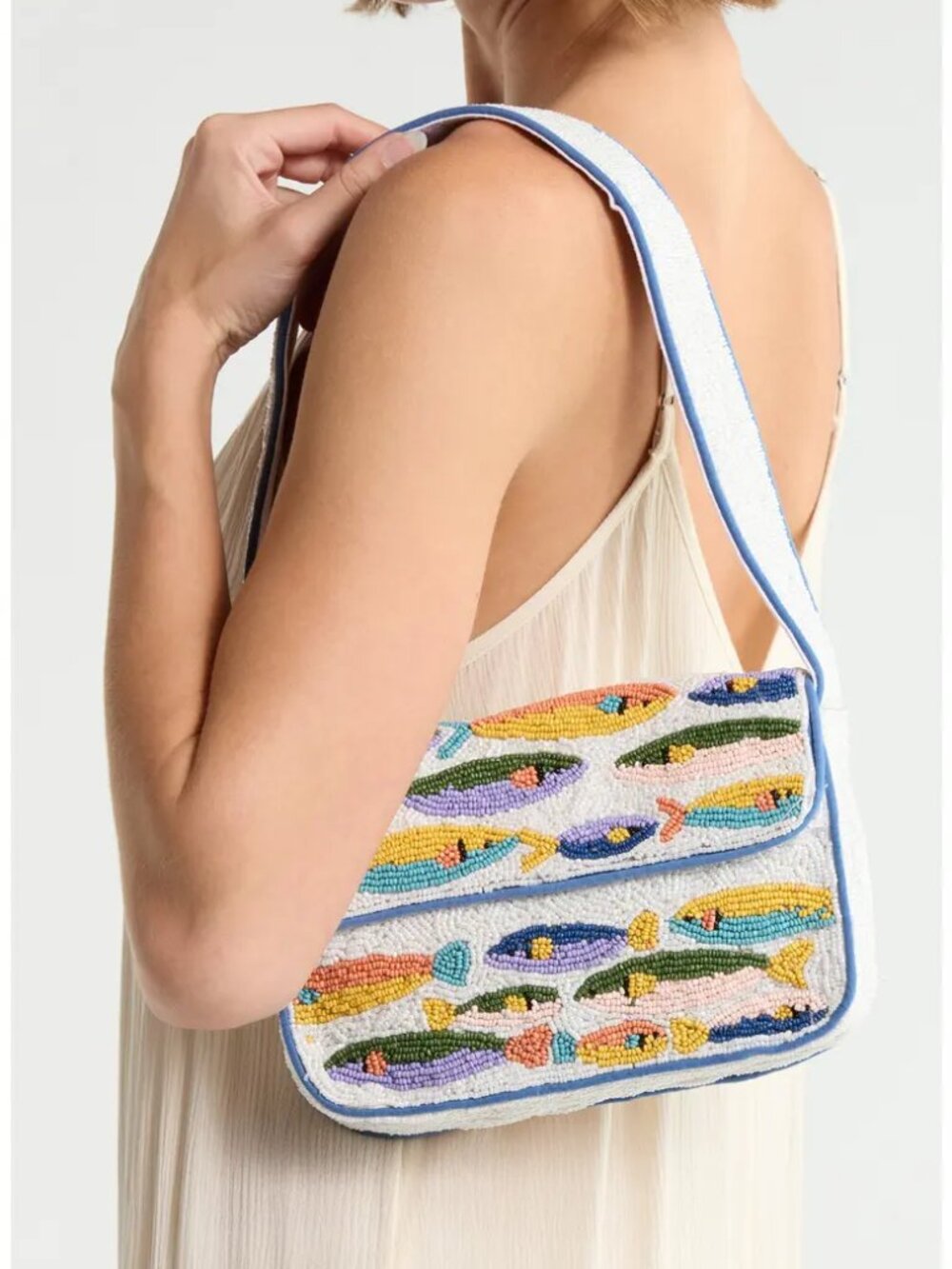 Viral Beaded Sardines Baguette Shoulder Bag by Collection XIIX White & Blue NWT - Picture 2 of 9